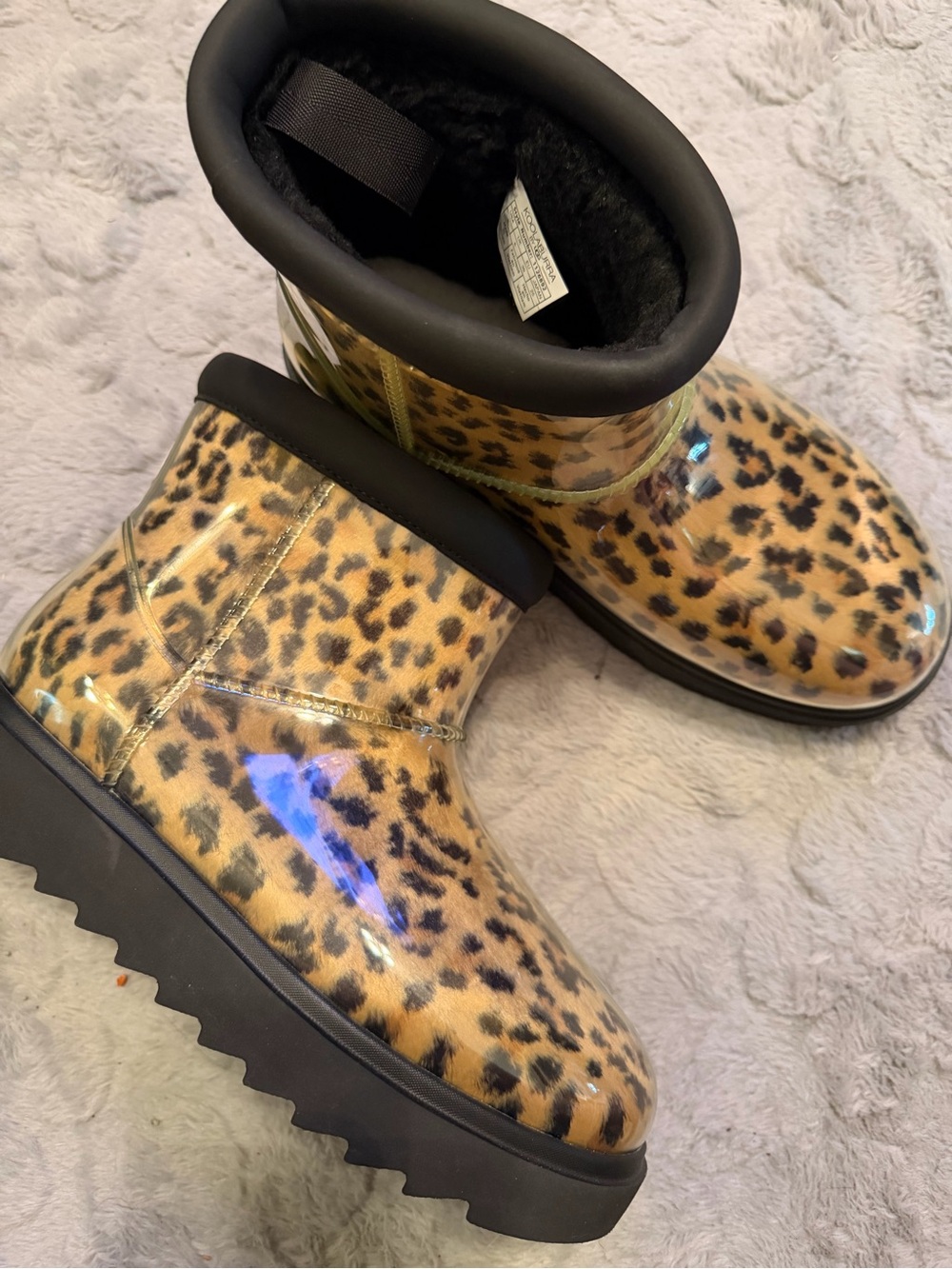 Koolaburra by Ugg clear mini leopard Print Sz. 8 Faux Fur Lined Ankle Boots